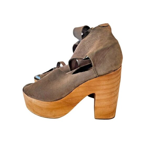 Free People Platform Heels Wood Open Toe Ankle Wrap Gray Suede Size? - Picture 4 of 6